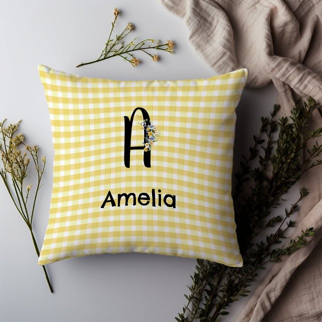 Monogram initial watercolor flower gingham pattern throw pillow (Creator Uploaded)