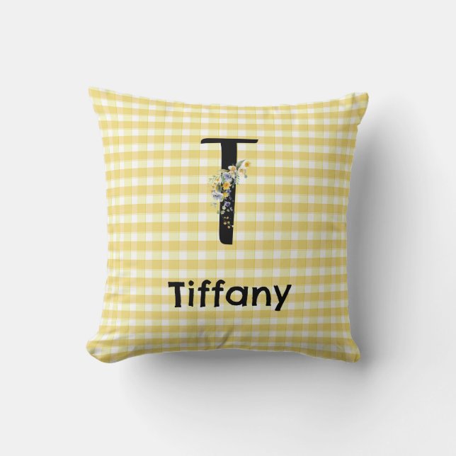 Monogram initial watercolor flower gingham pattern throw pillow (Front)