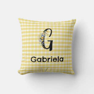 Monogram initial watercolor flower gingham pattern throw pillow