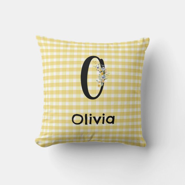 Monogram initial watercolor flower gingham pattern throw pillow (Front)