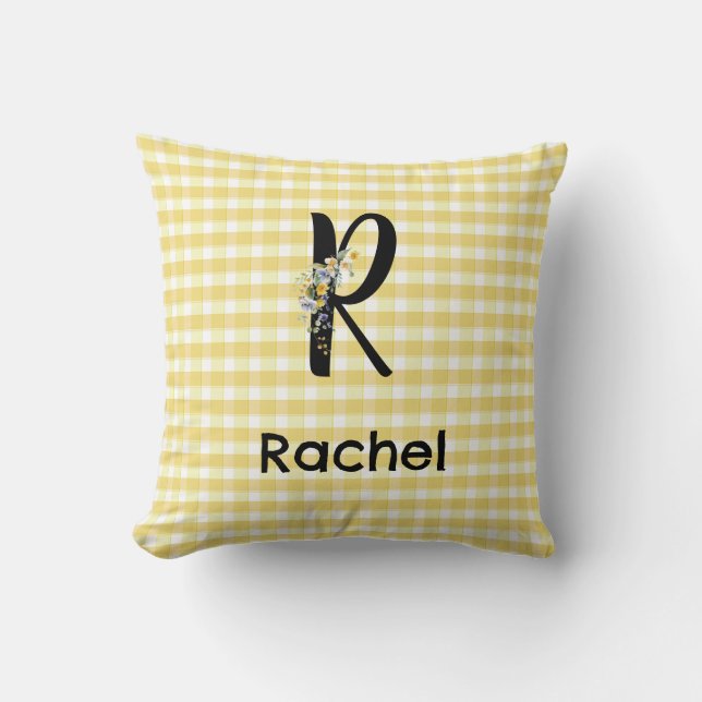 Monogram initial watercolor flower gingham pattern throw pillow (Front)