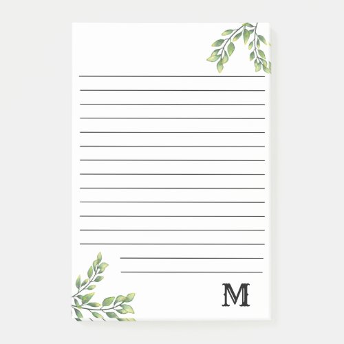Monogram Initial Watercolor Leaves Greenery Lined Post_it Notes