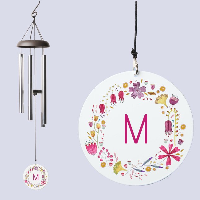Monogram Initial Watercolor Wildflower Wreath Wind Chime (Modern watercolor wildflower wreath monogram initial personalized art wind chime)