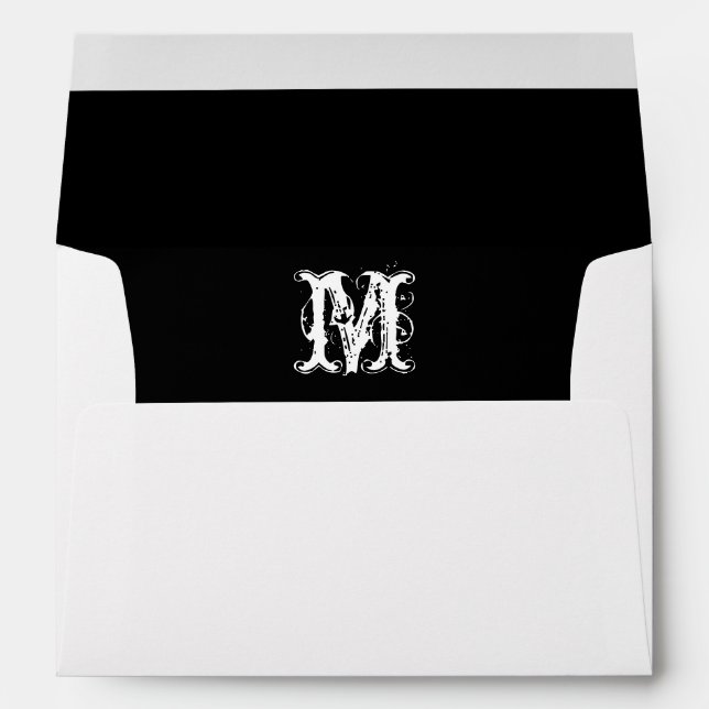 Monogram Initial White Envelope, Black Lined Envelope (Back (Bottom))