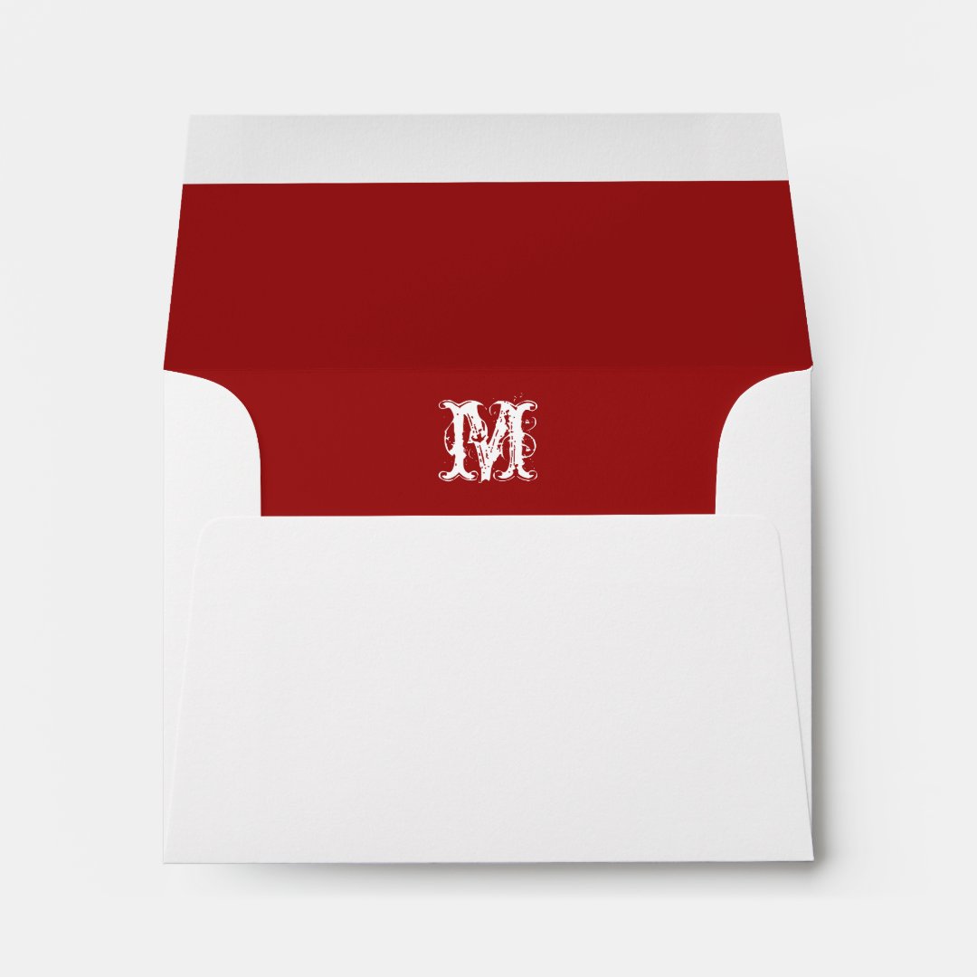 Monogram Initial White Envelope, Red Lined RSVP Envelope | Zazzle