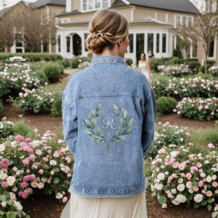 Monogram Initial White Greenery Eucalyptus Wreath Denim Jacket