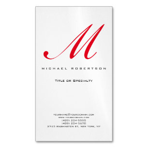 Monogram Initial White Red Unique Minimalist Business Card Magnet