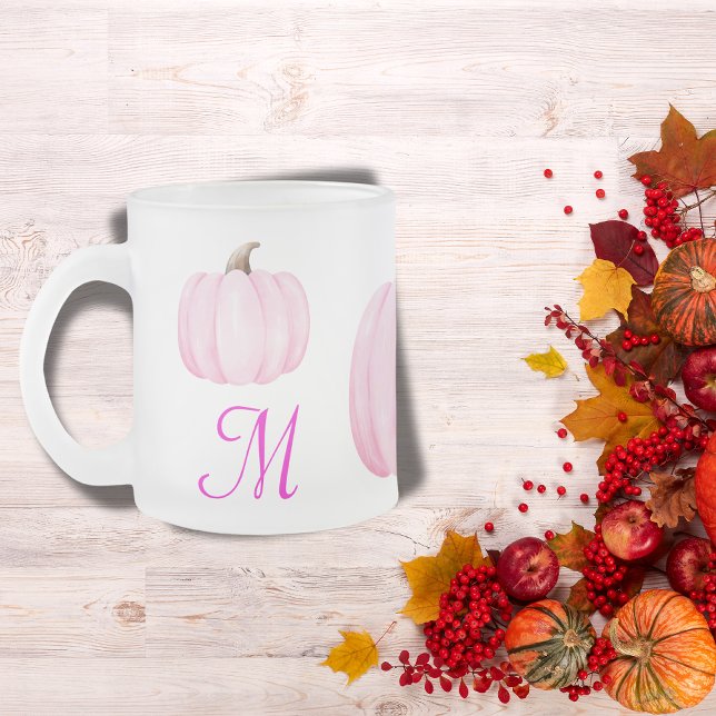Monogram Initial with Pink Pumpkin | Frosted Glass Coffee Mug (Creator Uploaded)