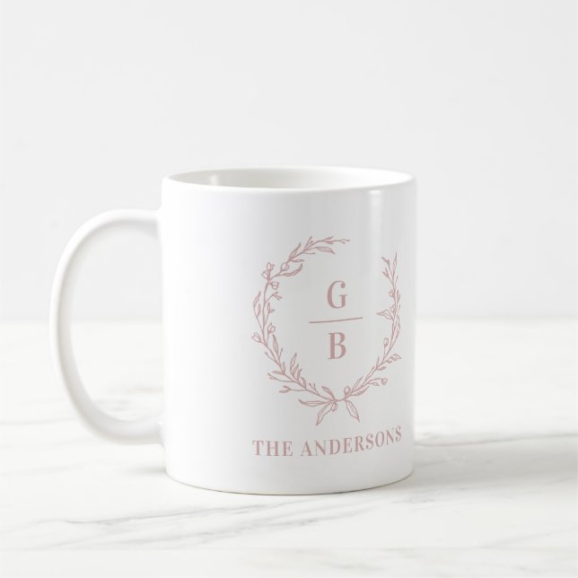 Monogram initial wreath photo collage modern pink coffee mug (Left)