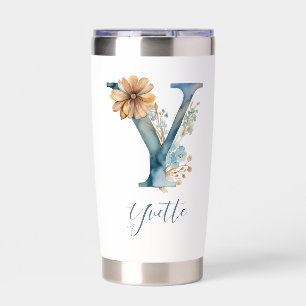 Monogram Initial Y Blue Floral Watercolor Gift Her Insulated Tumbler