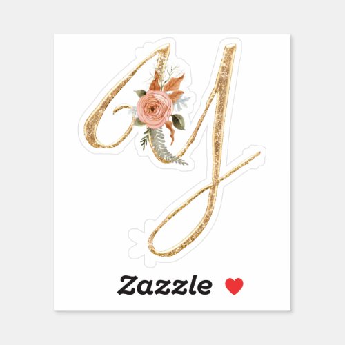 Monogram Initial Y Gold Glitter Peony Rose Floral Sticker