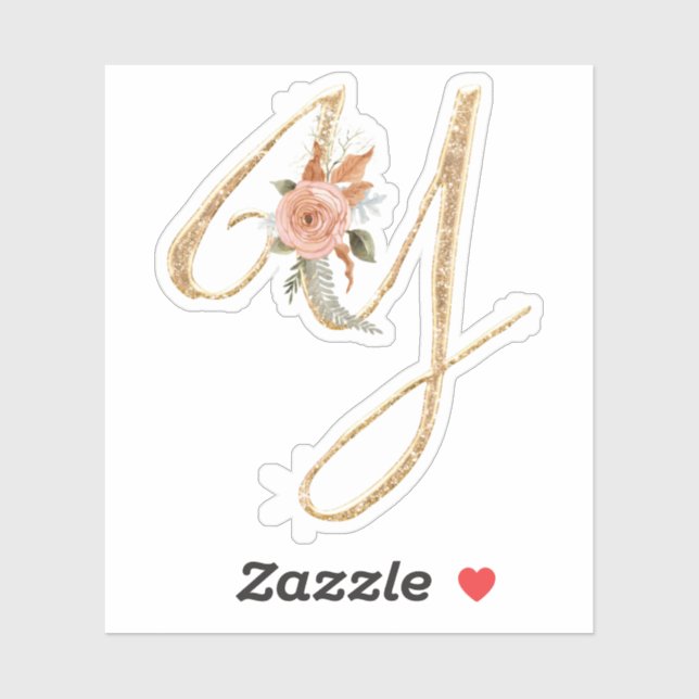 Monogram Initial Y Gold Glitter Peony Rose Floral Sticker (Sheet)