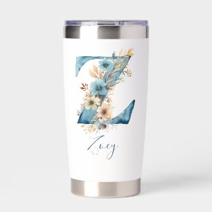 Monogram Initial Z Blue Floral Watercolor Gift Her Insulated Tumbler