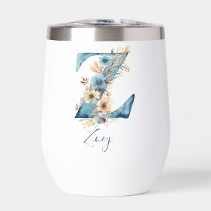Monogram Initial Z Blue Floral Watercolor Gift Her Thermal Wine Tumbler