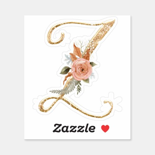 Monogram Initial Z Gold Glitter Peony Rose Floral Sticker