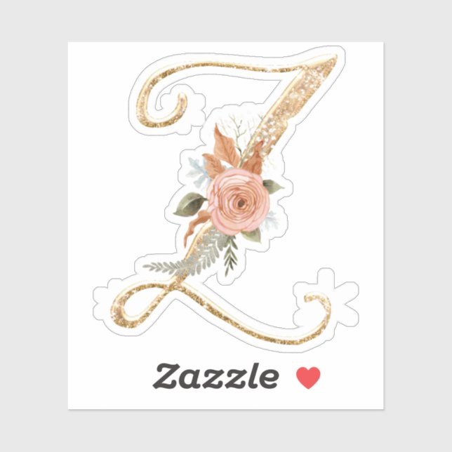 Monogram Initial Z Gold Glitter Peony Rose Floral Sticker (Sheet)