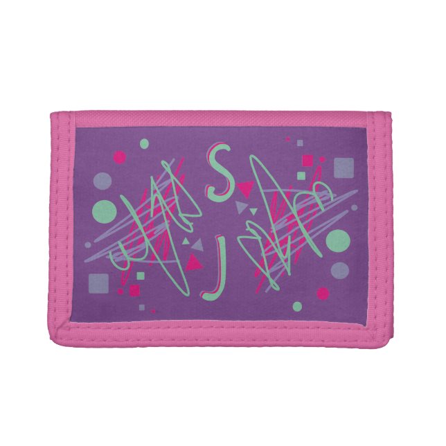 Monogram Initials 80s Pink Purple Teal Shapes Art  Trifold Wallet (Front)