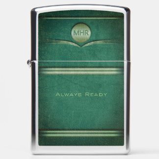 Monogram initials, art deco green leather effect zippo lighter