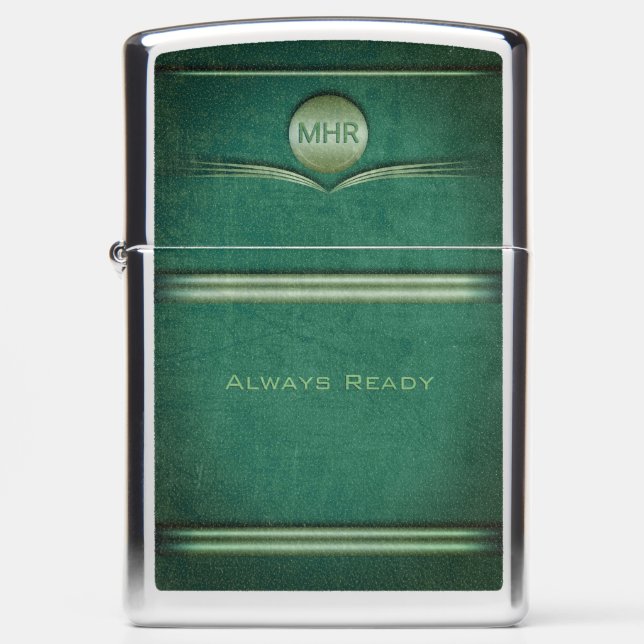 Monogram initials, art deco green leather effect zippo lighter (Front)