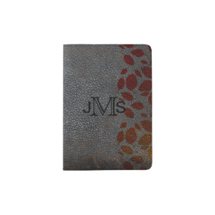 Monogram Initials Autumn Leaves Rustic Leather Passport Holder