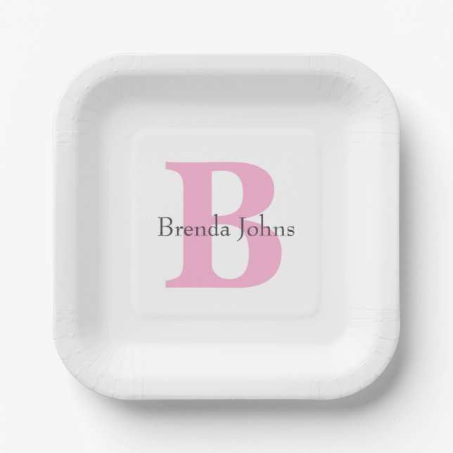 Monogram Initials Baby Shower Pink Custom Name Paper Plates (Front)