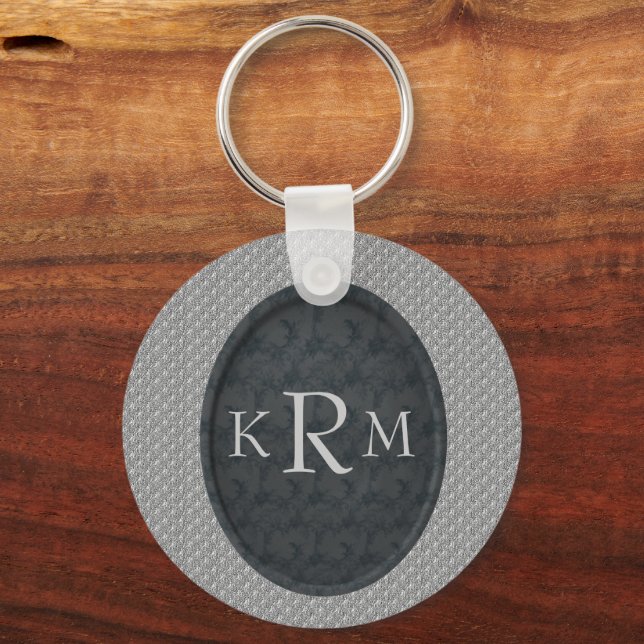 Monogram Initials Black Floral Personalized Keychain (Front)