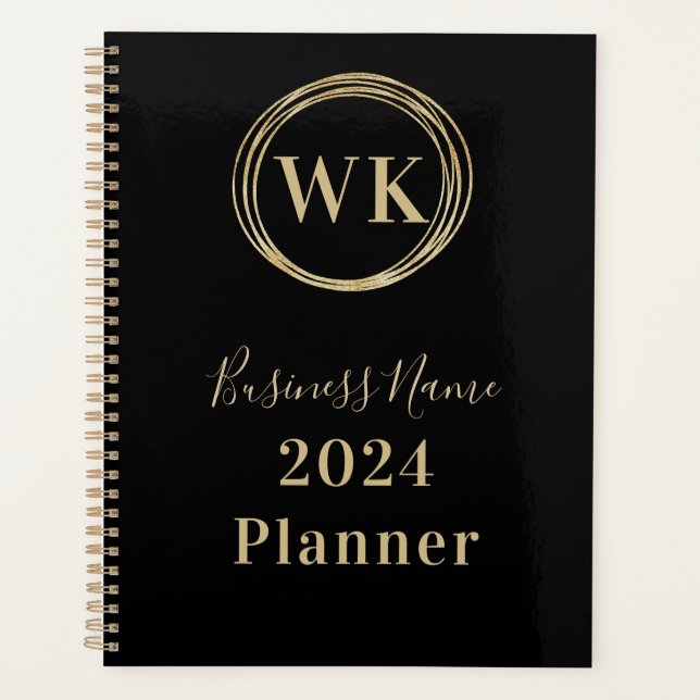 Monogram Initials Black Gold Business 2024 Planner (Front)