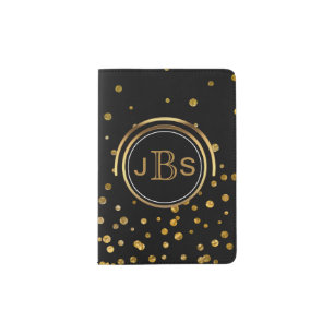 Monogram Initials Black & Gold Glitter Confetti Passport Holder