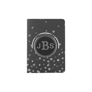 Monogram Initials Black & Silver Confetti Dots Passport Holder