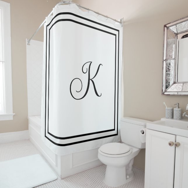 Monogram Initials Black White Custom Script Name Shower Curtain (In Situ)