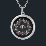 Monogram Initials Black White Pink Floral  Silver Plated Necklace<br><div class="desc">Personalized Monogrammed Black and White Floral Wreath Silver Plated Necklace</div>