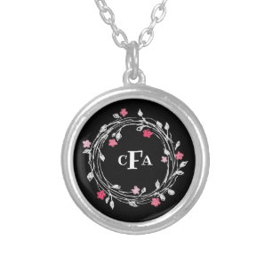 Monogram Initials Black White Pink Floral Silver Plated Necklace
