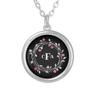 Monogram Initials Black White Pink Floral  Silver Plated Necklace
