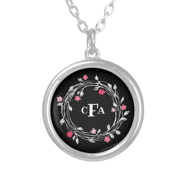 Monogram Initials Black White Pink Floral  Silver Plated Necklace (Front)