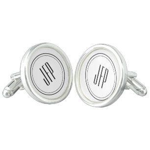 Monogram Initials, Black White, Round SS Plated Cufflinks