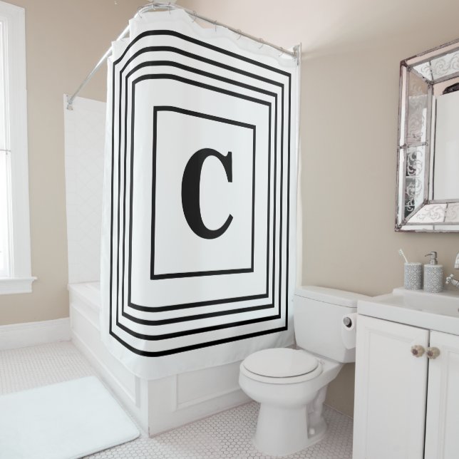Monogram Initials Black White Striped Custom Name Shower Curtain (In Situ)
