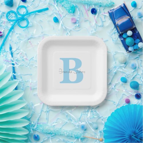 Monogram Initials Blue Custom Name Baby Shower  Paper Plates