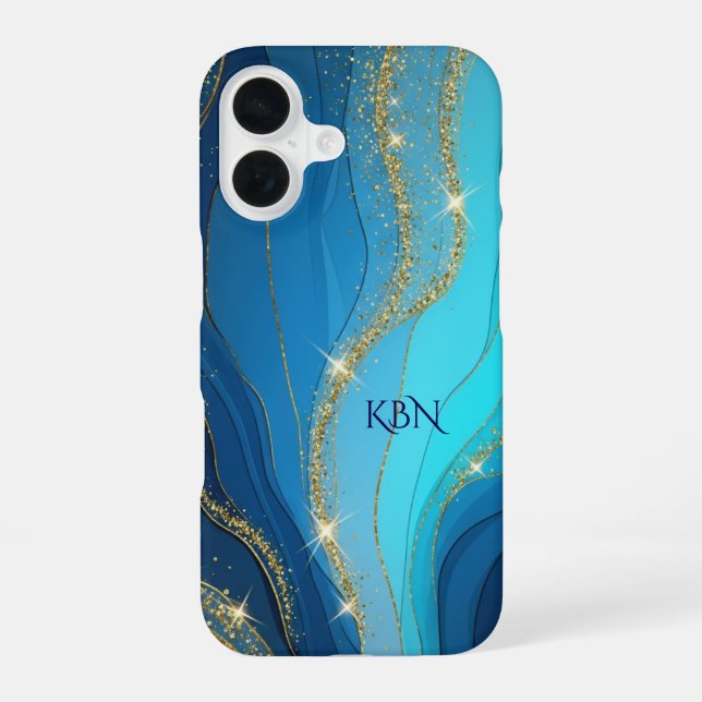 Monogram Initials Blue Gold Glitter Iphone Case (Back)