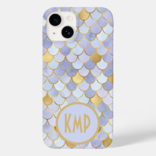 Monogram Initials Blue Gold Mermaid Scales Case-Mate iPhone 14 Case