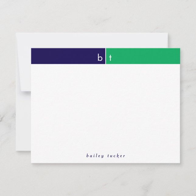 Monogram Initials Blue Green Band Stationery Note Card (Front)
