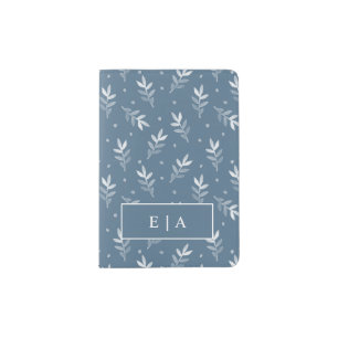 Monogram Initials Blue Leaf & Dot Pattern Passport Holder