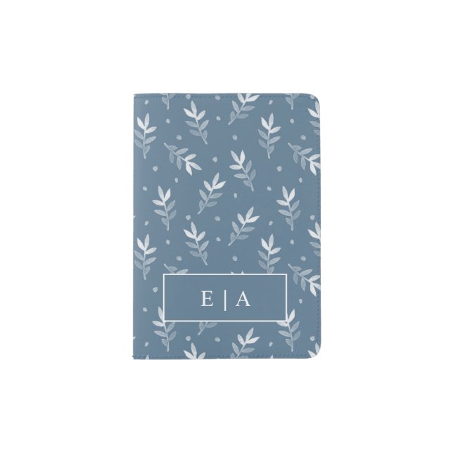 Monogram Initials Blue Leaf & Dot Pattern Passport Holder (Front)