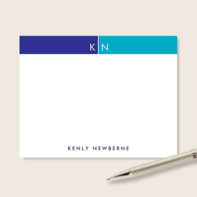 Monogram Initials Blue & Turquoise Band Stationery Note Card (Creator Uploaded)