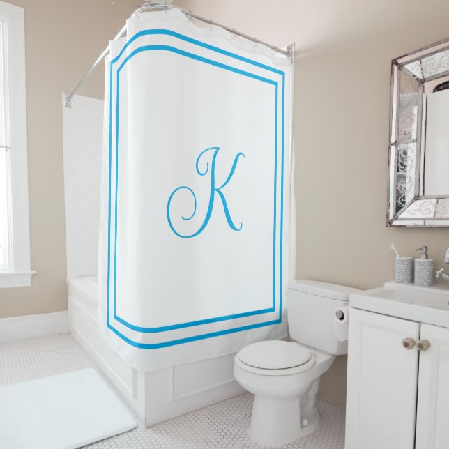 Monogram Initials Blue White Custom Script Name Shower Curtain (In Situ)