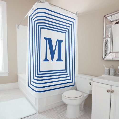 Monogram Initials Blue White Patterns Custom Name Shower Curtain