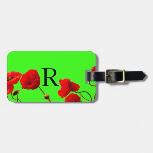 Monogram Initials Bright Neon Green Red Floral Luggage Tag
