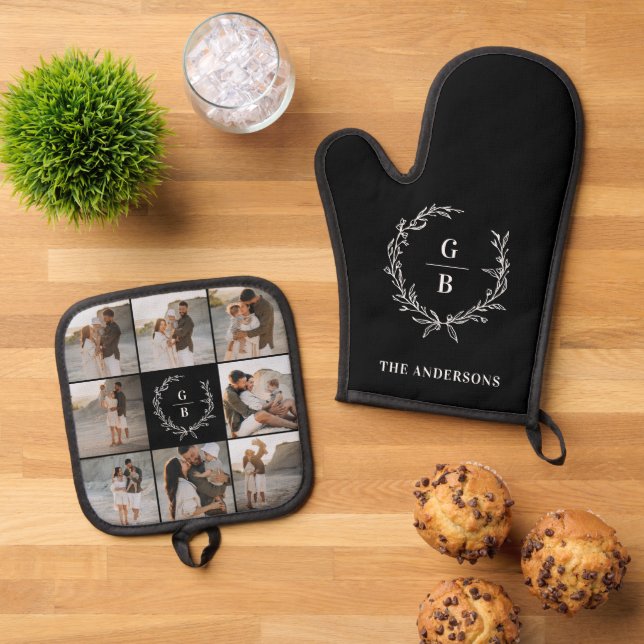 Monogram Initials couple family wreath multi photo Oven Mitt & Pot Holder Set (Top Down)
