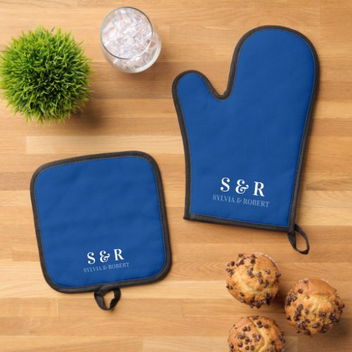 Monogram Initials Couple Name Blue Oven Mitt  Pot Holder Set