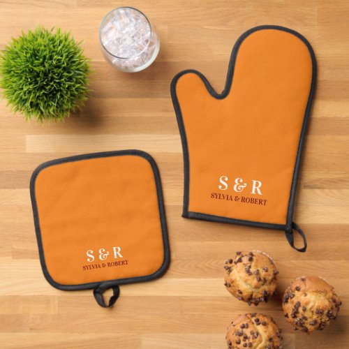 Monogram Initials Couple Name Orange Oven Mitt  Pot Holder Set