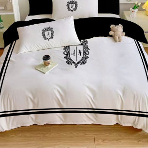 Monogram Initials Crest Black on White King Size Duvet Cover
